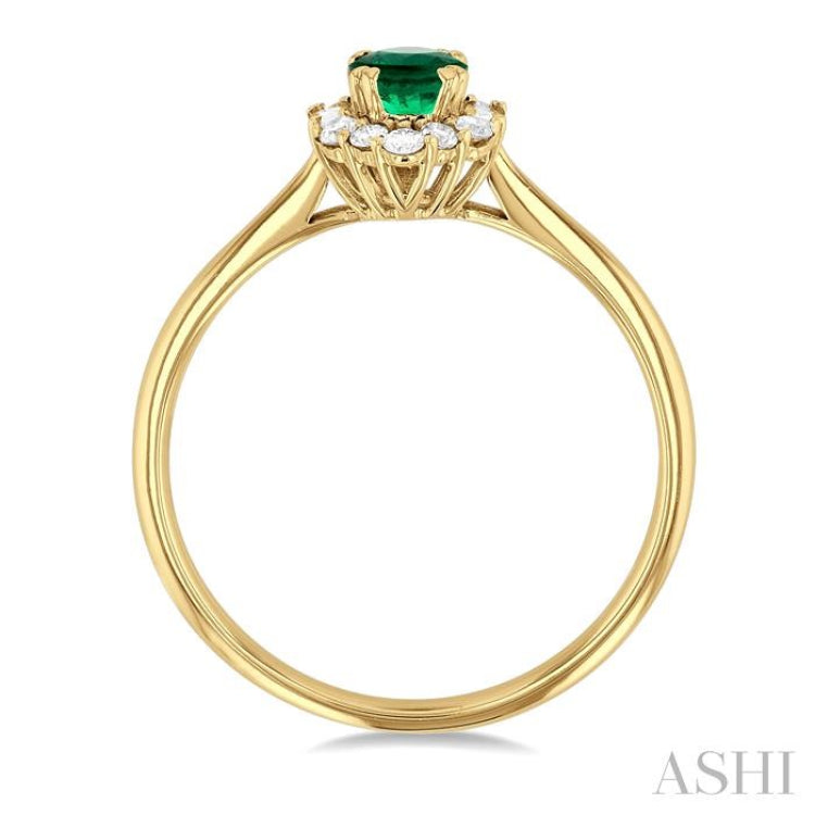 6x4 MM Oval Cut Emerald and 1/5 Ctw Baguette & Round Cut Diamond Hexagon Shape Halo Precious Ring in 10K Yellow Gold