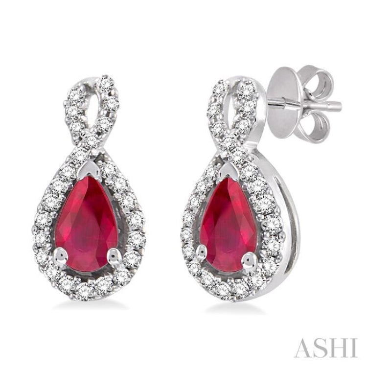 5x3 MM Pear Shape Ruby and 1/6 Ctw Round Cut Diamond Earrings in 14K White Gold