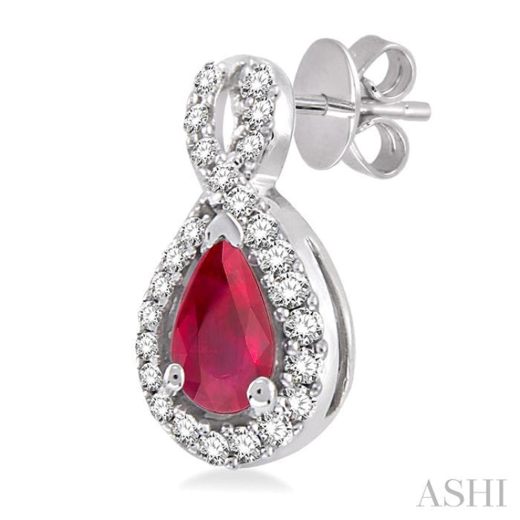 5x3 MM Pear Shape Ruby and 1/6 Ctw Round Cut Diamond Earrings in 14K White Gold