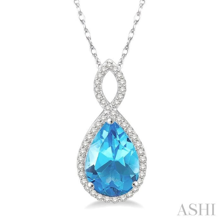 12x8 MM Entwined Pear Cut Blue Topaz and 1/4 Ctw Round Cut Diamond Semi-Precious Pendant in 10K White Gold with chain
