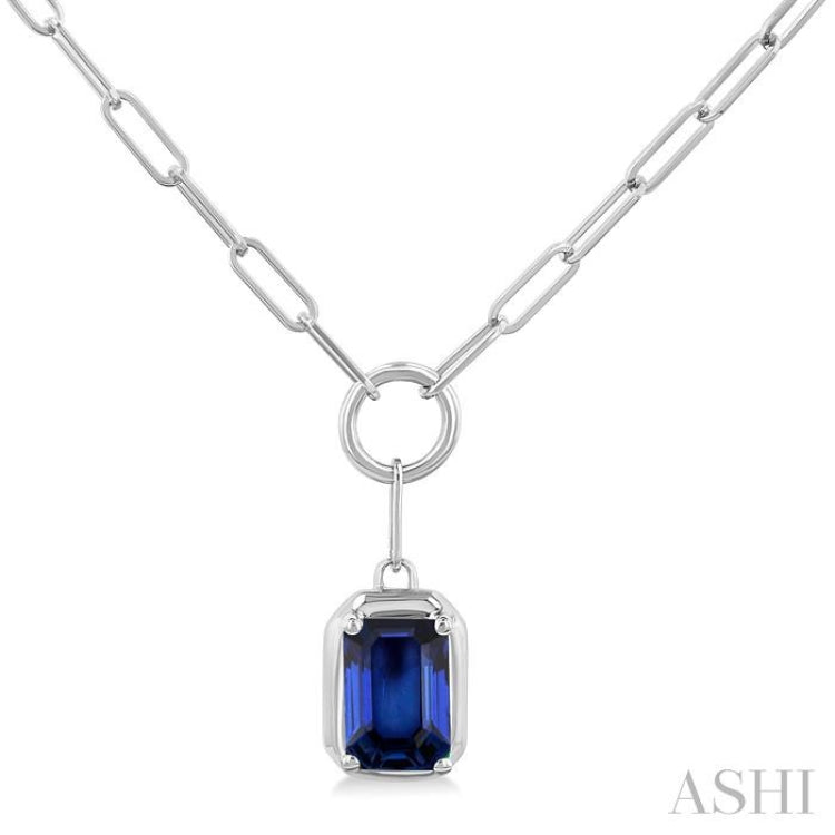 6x4 MM Sapphire Solitaire Precious Paperclip Pendant With Chain in 10K White Gold