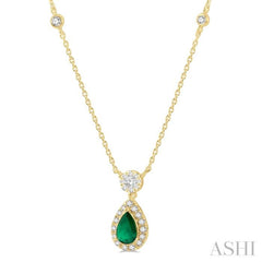 6x4 MM Pear Cut Emerald and 1/3 Ctw Round Cut Diamond Lovebright Precious Necklace in 14K Yellow Gold