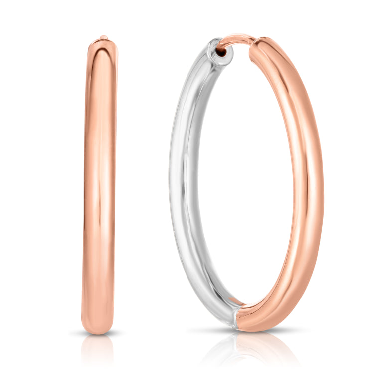 14K Rose and White Gold 2.5x20mm Diamond Cut Hoop Earring