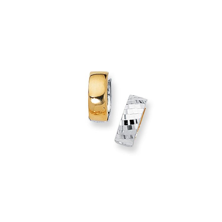 14K Yelllow & White Gold Reversible Diamond Cut Huggie Earring
