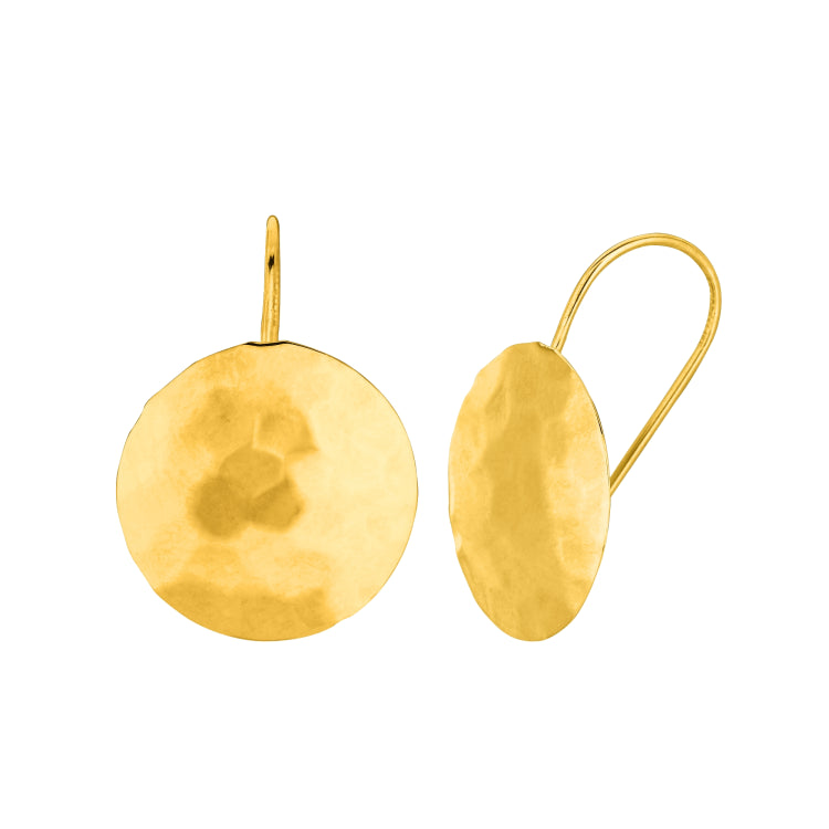 14K Yellow Gold Round Hammered Drop Earring