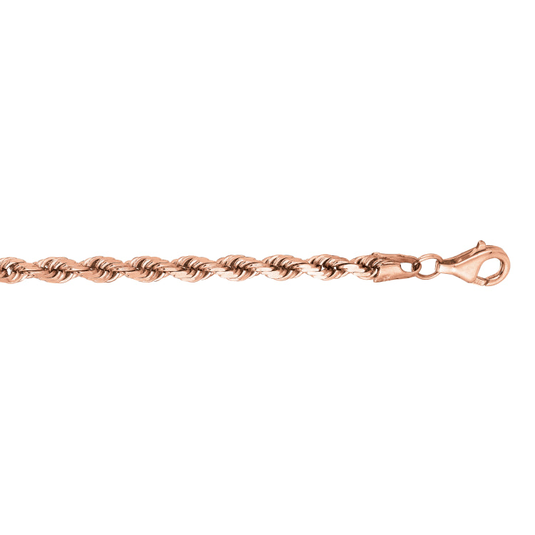 14K Rose Gold 8.5 3.8mm Classic Diamond Cut Twisted Solid Diamond Cut Rope Bracelet with Lobster Clasp
