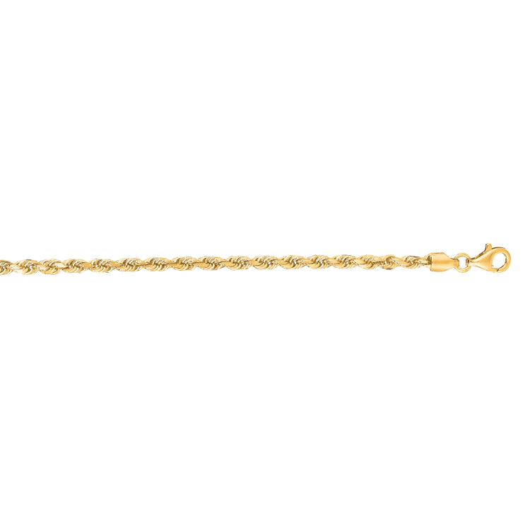 14K Yellow Gold 7 3mm Diamond Cut Royal Rope Chain Bracelet with Lobster Lock