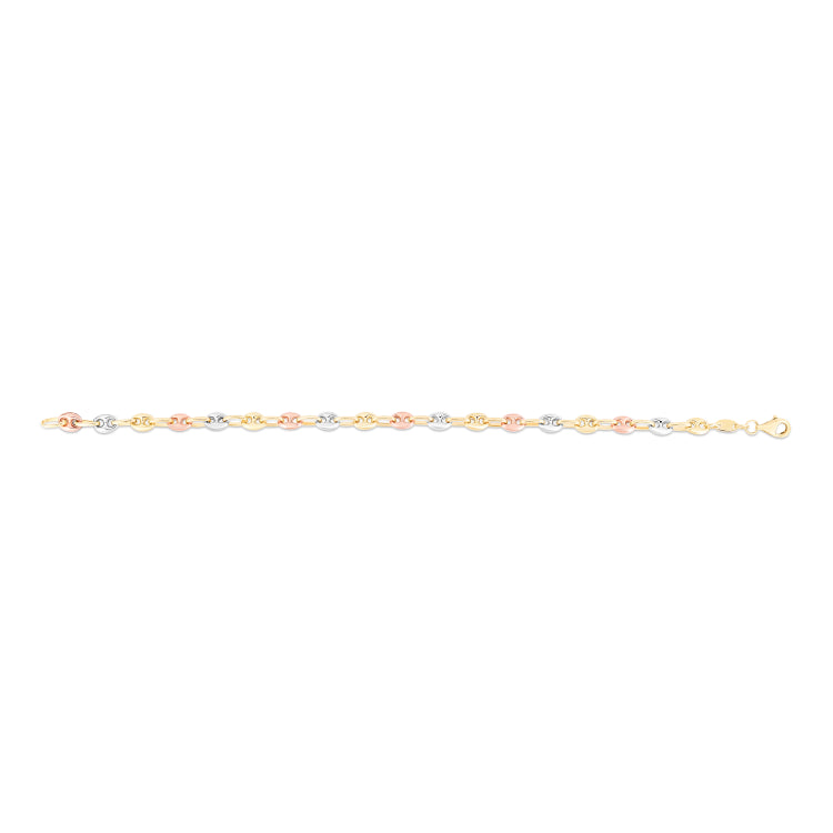 14K Tri-color Gold 7.25 Polished Puffed Mariner Link Bracelet