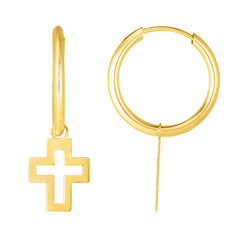 14K Yellow Gold Polished Cross Dangle Light Weight Hoop