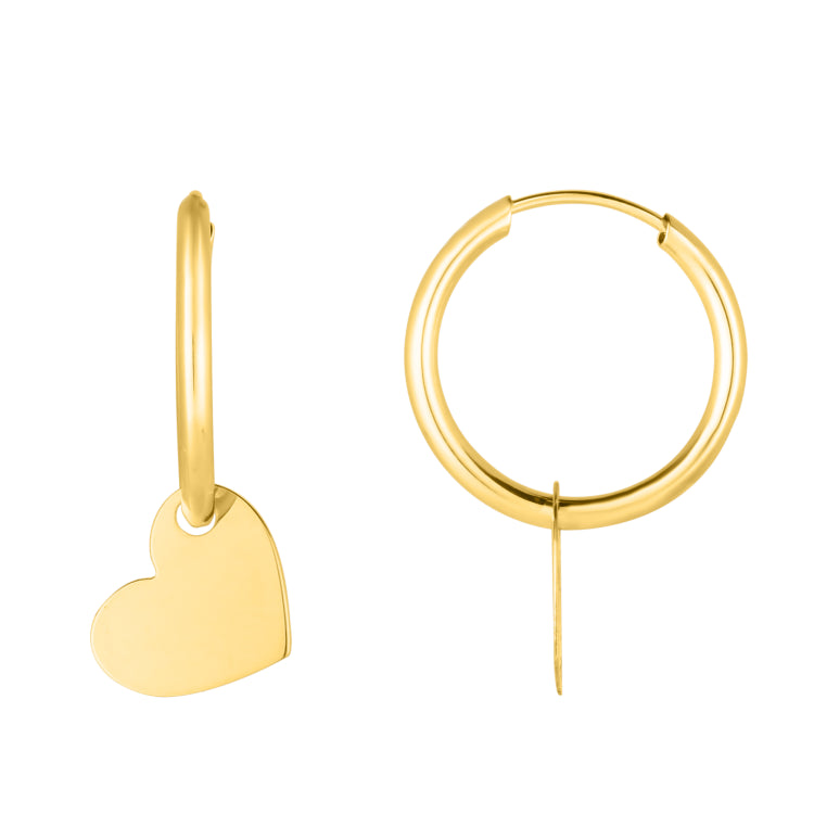 14K Yellow Gold Polished Heart Dangle Light Weight Hoop
