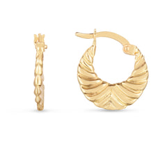 14K Yellow Gold Polished Graduated Grooved Fancy Hoop Earrings with Hinged Clasp
