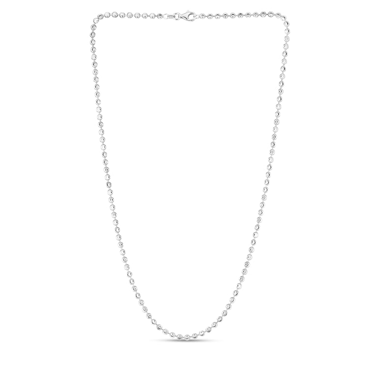 Sterling Silver 3mm Moon-cut Bead 16 Chain with Lobster Clasp. Item has rhodium finish.