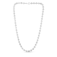 Sterling Silver 6mm Moon-cut Bead 18 Chain with Lobster Clasp. Item has rhodium finish.