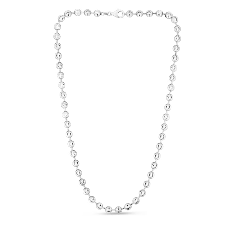 Sterling Silver 6mm Moon-cut Bead 24 Chain with Lobster Clasp. Item has rhodium finish.