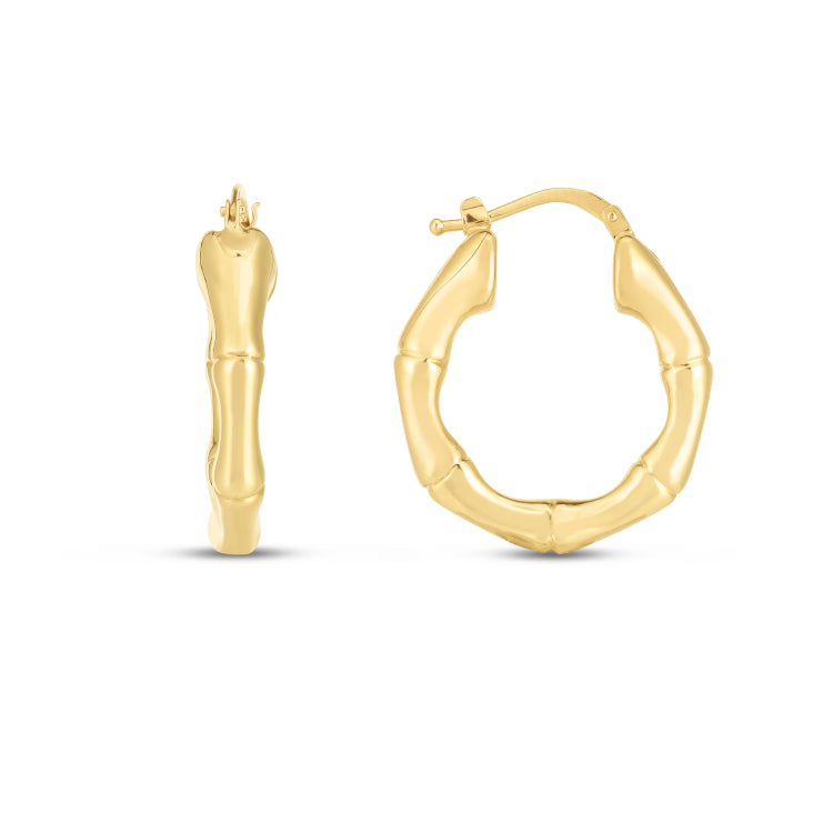 14K Yellow Gold Medium 25mm Bamboo Hoop Earrings with Hinged Clasp