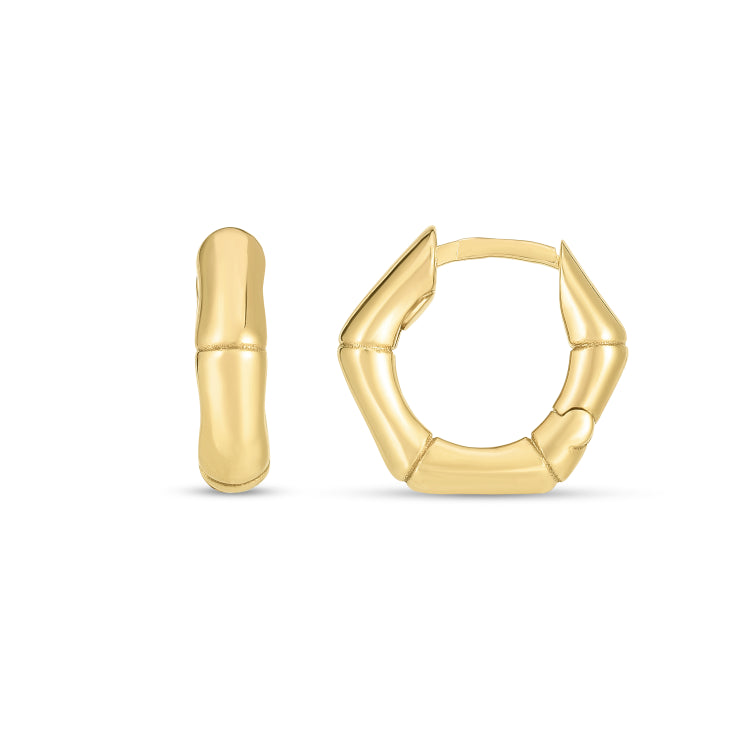 14K Yellow Gold 16mm Bamboo Huggie Hoop Earrings with Snap Clasp