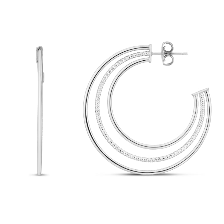 Silver Textured & Polished Alternating 3 Row Hoops with Push Back Closure. Rhodium Plated.