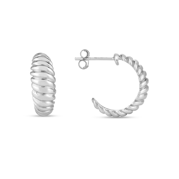Silver Polished Twist Hoop Earrings with Push Back Closure. Rhodium Plated.
