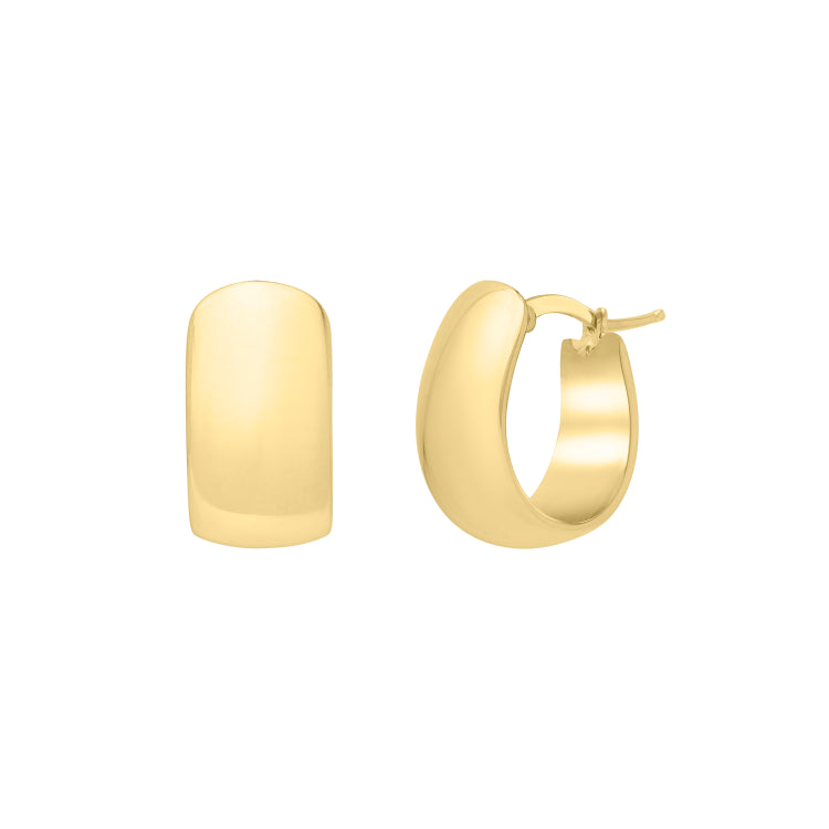 14K Yellow Gold Wide Huggie Hoop Earrings with Hinged Clasp