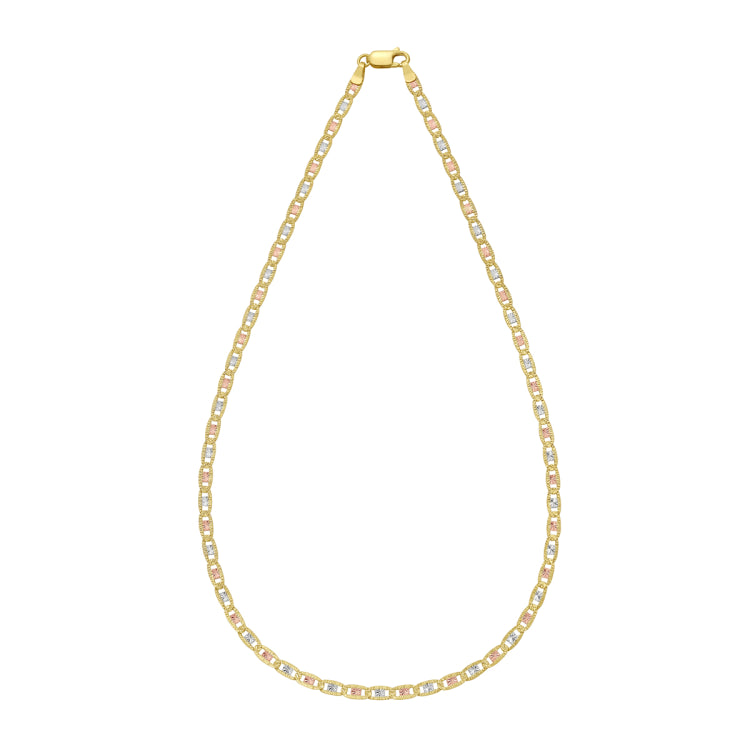 14K Tricolor Gold 18 3.5mm Pave Valentino Chain Necklace with Lobster Clasp