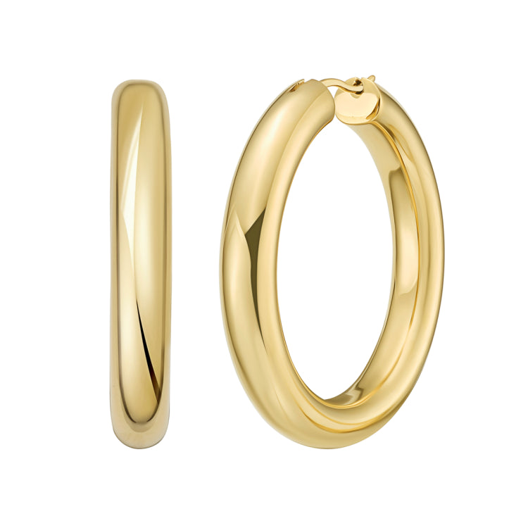 Sterling Silver (Yellow Gold Plated) Round Hoop Earring with Hinged Clasp