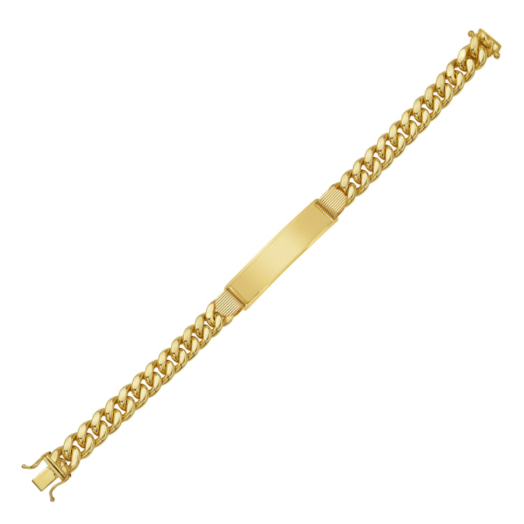 14K Yellow Gold 8.5 Polished 9.1mm Lite Miami Cuban ID Bracelet with Box Clasp (Both Side Push + Figure 8)