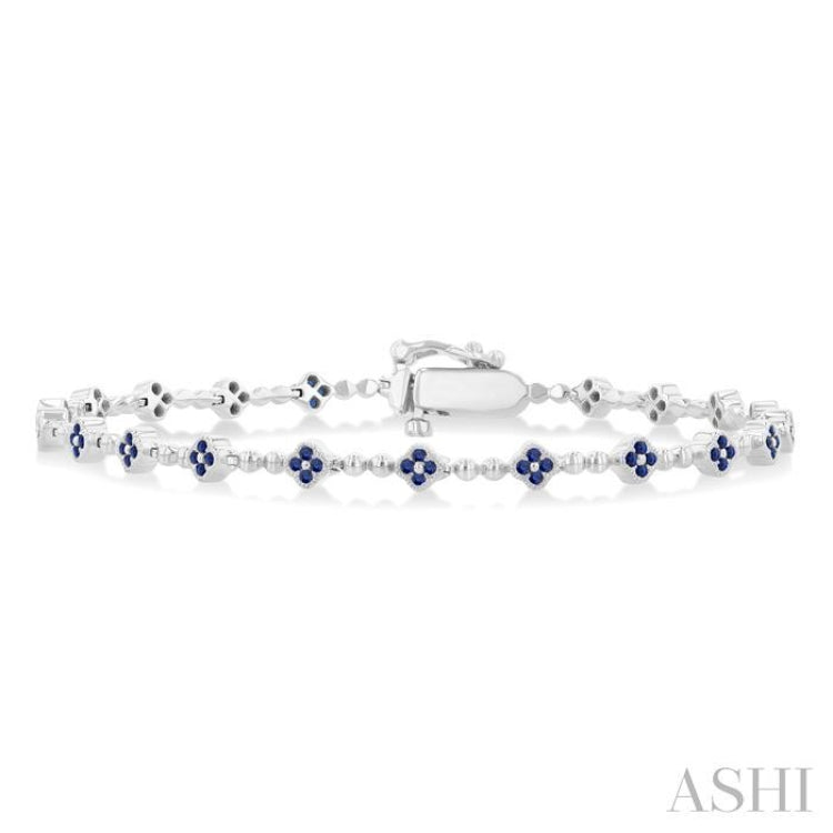 1 MM Round Cut Sapphire Clover and Bead Bijoux Link Precious Tennis Bracelet in 14K White Gold