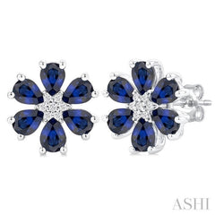 4X3 MM Floral Blossom Pear Cut Sapphire and 1/20 Ctw Round Cut Diamond Precious Stud Earrings in 14K White Gold