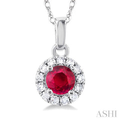 3.25 MM Round Ruby and 1/20 Ctw Single Cut Diamond Halo Precious Pendant with Chain in 10K White Gold