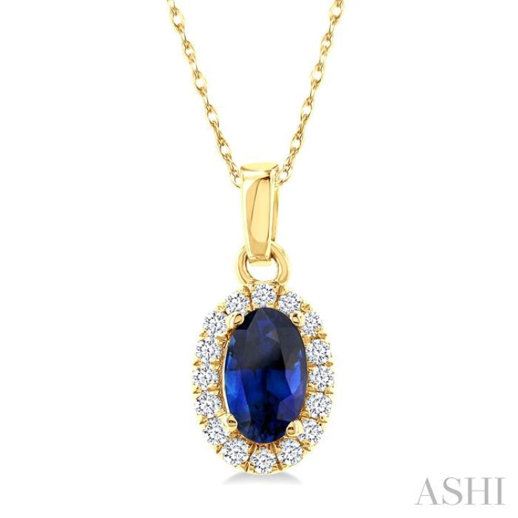 5x3 MM Oval Shape Sapphire and 1/20 Ctw Single Cut Diamond Halo Precious Pendant with Chain in 10K Yellow Gold