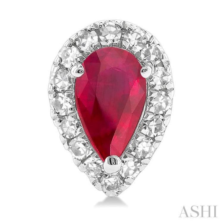 5x3 MM Pear Shape Ruby and 1/8 Ctw Single Cut Diamond Halo Precious Stud Earrings in 14K White Gold