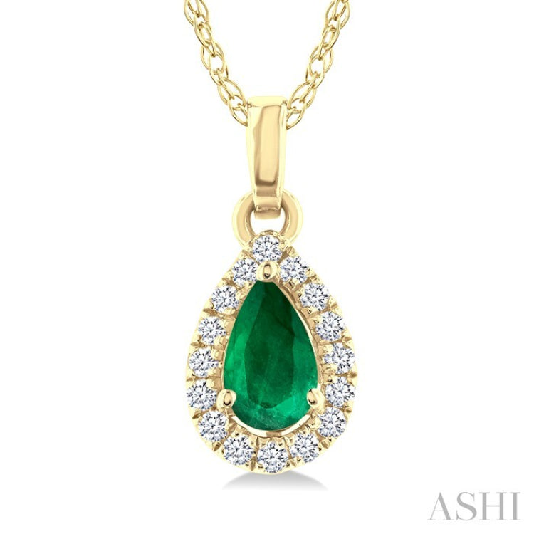 5x3 MM Pear Shape Emerald and 1/20 Ctw Round Cut Diamond Halo Precious Pendant with Chain in 10K Yellow Gold
