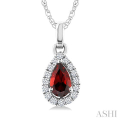 5x3 MM Pear Shape Garnet and 1/20 Ctw Round Cut Diamond Halo Semi-Precious Pendant with Chain in 10K White Gold