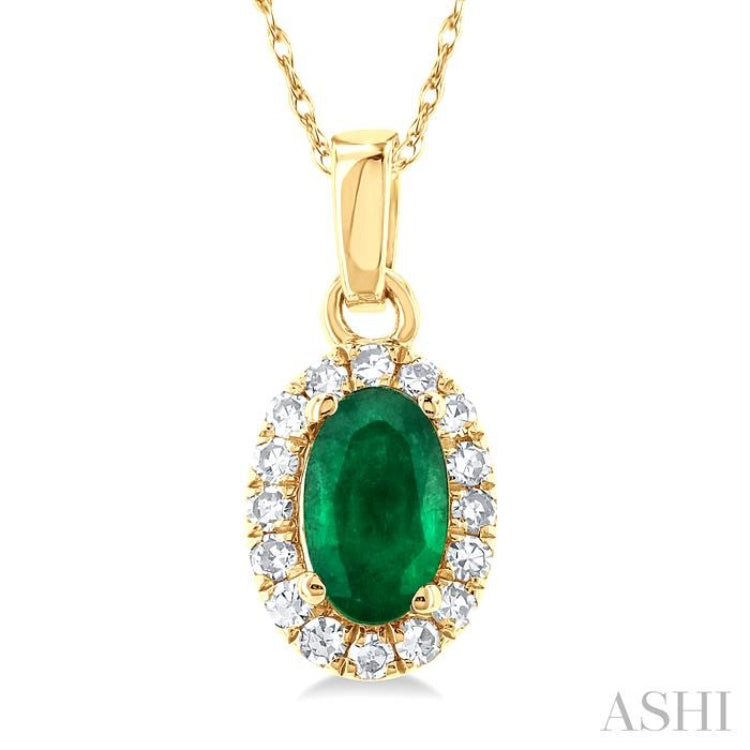 5x3 MM Oval Shape Emerald and 1/20 Ctw Single Cut Diamond Halo Precious Pendant with Chain in 14K Yellow Gold