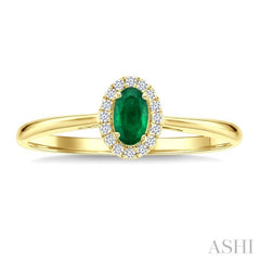 5x3 MM Oval Shape Emerald and 1/20 Ctw Round Cut Diamond Halo Precious Ring in 10K Yellow Gold