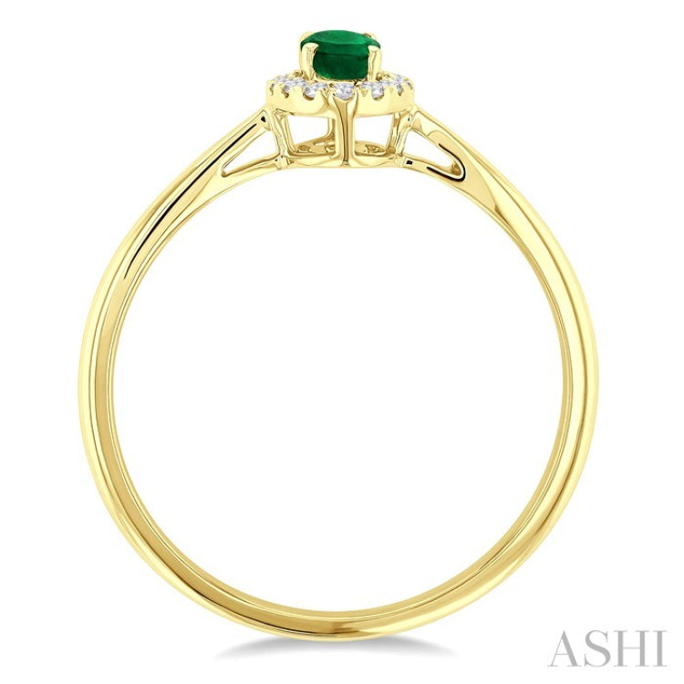 5x3 MM Oval Shape Emerald and 1/20 Ctw Round Cut Diamond Halo Precious Ring in 10K Yellow Gold
