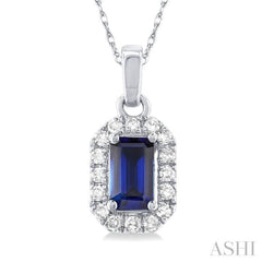 5x3 MM Octagonal Shape Sapphire and 1/20 Ctw Single Cut Diamond Halo Precious Pendant with Chain in 10K White Gold