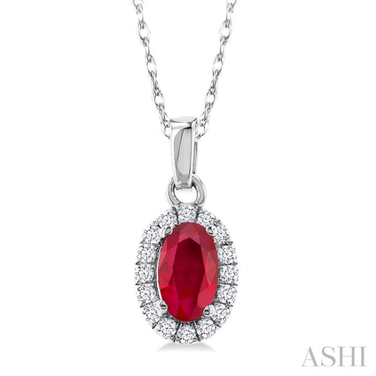 5x3 MM Oval Shape Ruby and 1/20 Ctw Single Cut Diamond Halo Precious Pendant with Chain in 14K White Gold