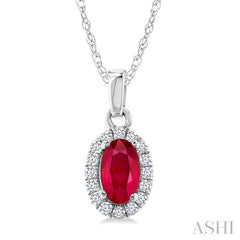 5x3 MM Oval Shape Ruby and 1/20 Ctw Round Cut Diamond Halo Precious Pendant with Chain in 14K White Gold
