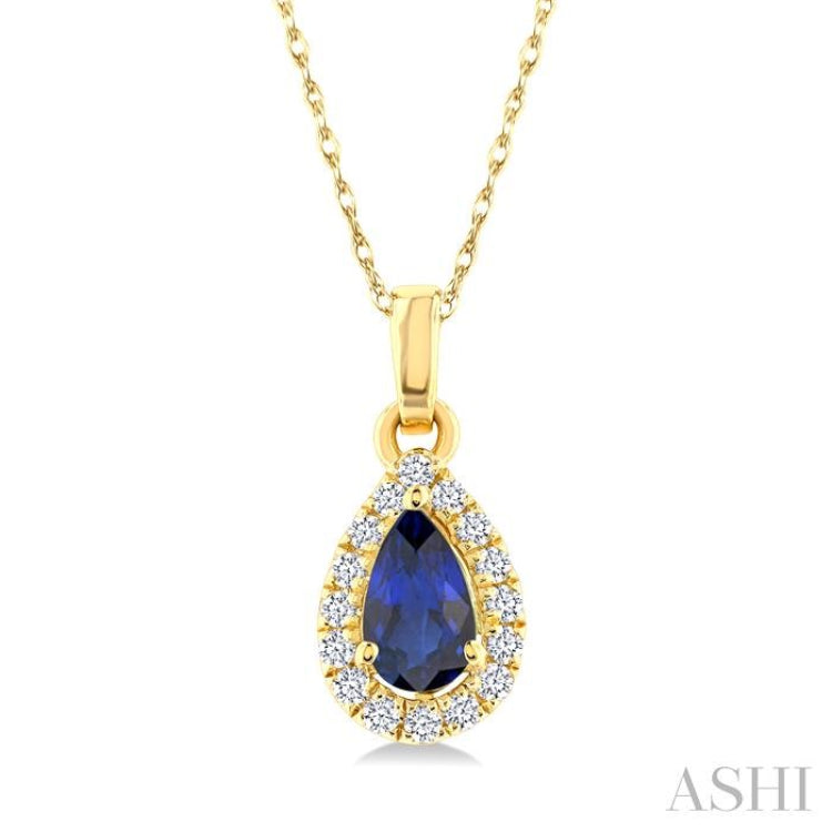 5x3 MM Pear Shape Sapphire and 1/20 Ctw Single Cut Diamond Halo Precious Pendant with Chain in 10K Yellow Gold