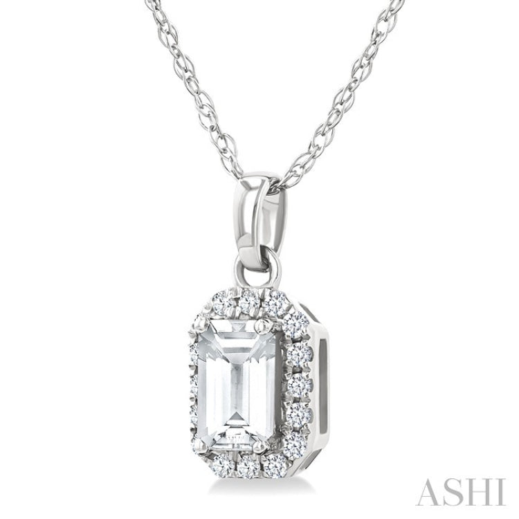 5x3 MM Octagonal Shape White Topaz and 1/20 Ctw Round Cut Diamond Halo Semi-Precious Pendant with Chain in 10K White Gold
