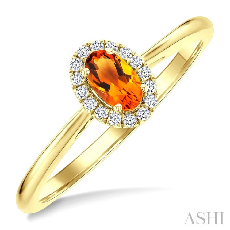 5x3 MM Oval Shape Citrine and 1/20 Ctw Round Cut Diamond Halo Semi-Precious Ring in 10K Yellow Gold