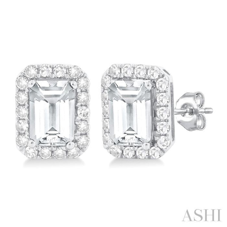 6x4 MM Octagonal Shape White Topaz and 1/4 Ctw Round Cut Diamond Halo Semi-Precious Stud Earrings in 14K White Gold