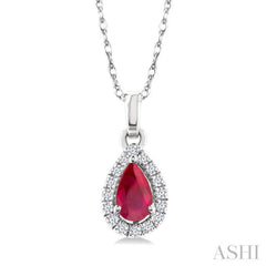 5x3 MM Pear Shape Ruby and 1/20 Ctw Single Cut Diamond Halo Precious Pendant with Chain in 10K White Gold