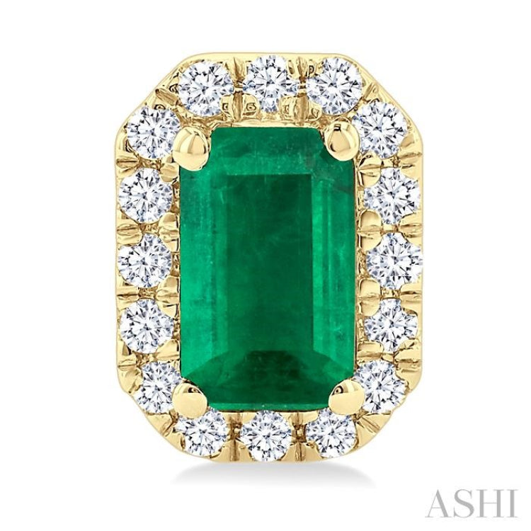 5x3 MM Octagonal Shape Emerald and 1/8 Ctw Single Cut Diamond Halo Precious Stud Earrings in 14K Yellow Gold