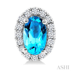 5x3 MM Oval Shape Blue Topaz and 1/8 Ctw Round Cut Diamond Halo Semi-Precious Stud Earrings in 14K White Gold