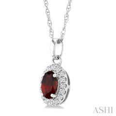 5x3 MM Oval Shape Garnet and 1/20 Ctw Round Cut Diamond Halo Semi-Precious Pendant with Chain in 10K White Gold