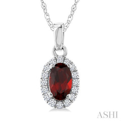 5x3 MM Oval Shape Garnet and 1/20 Ctw Round Cut Diamond Halo Semi-Precious Pendant with Chain in 10K White Gold