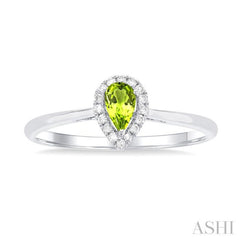 5x3 MM Pear Shape Peridot and 1/20 Ctw Single Cut Diamond Halo Semi-Precious Ring in 10K White Gold