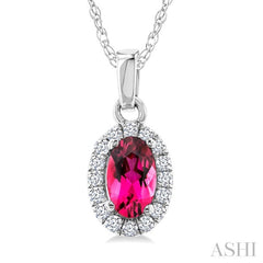 5x3 MM Oval Shape Pink Tourmaline and 1/20 Ctw Round Cut Diamond Halo Semi-Precious Pendant with Chain in 14K White Gold